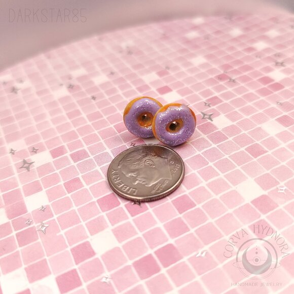 Handmade Polymer Clay Donut Stud Earrings w/ Lavender Icing & Glitter Sprinkles - Picture 4 of 4